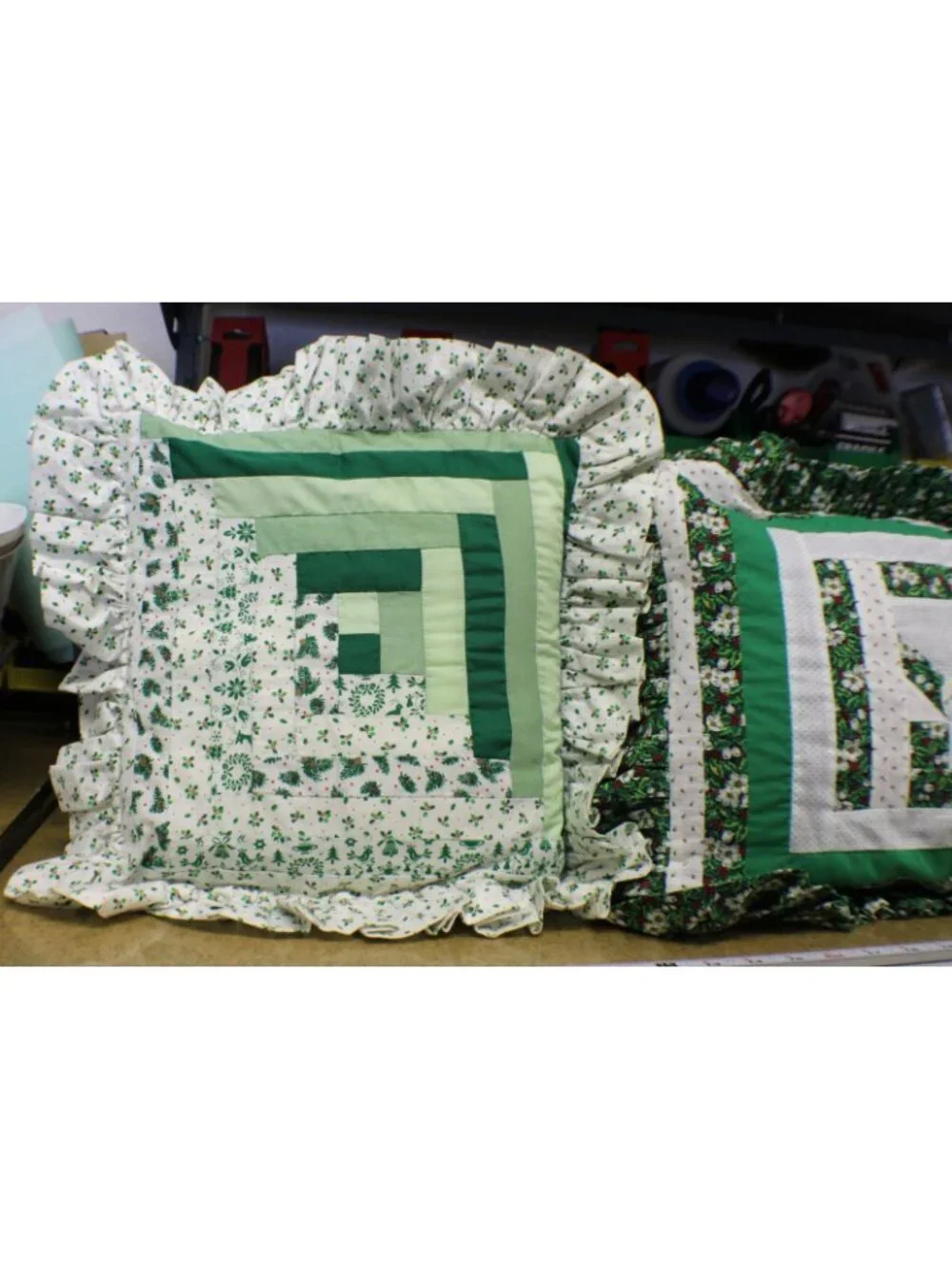 Set 2 Handmade Ruffled Quilted Throw Pillows Holiday Green White Holly Pattern